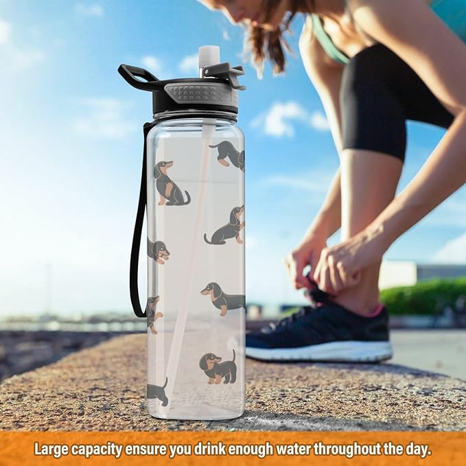Kigai Cute Dachshund Dogs Clear Water Bottle with Straw Lid, BPA-Free Leakproof Sport Water Bottle 32oz Large Gym Water Jug for Men Women Travel Fitness Outdoor