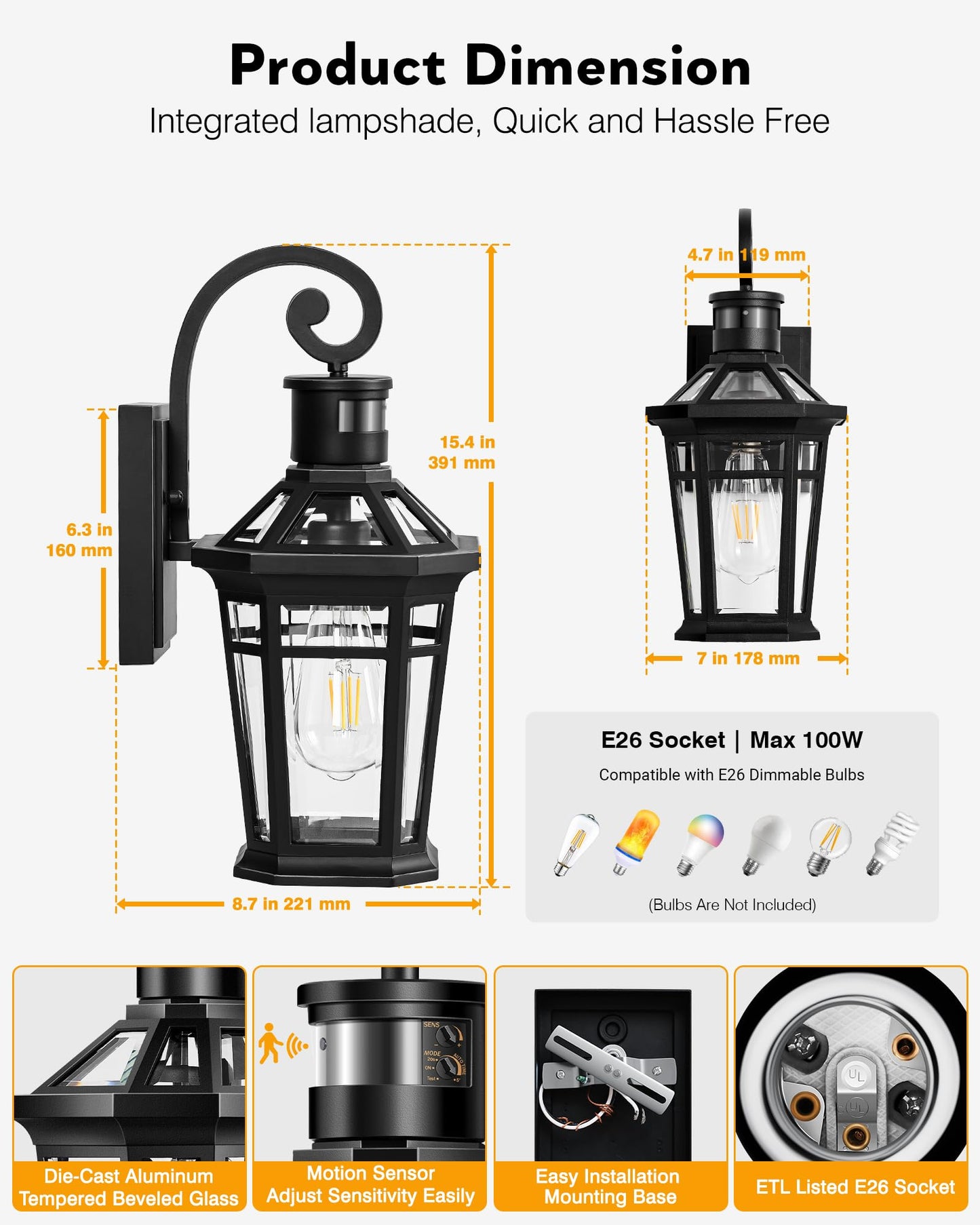 Opaxis Motion Sensor Outdoor Wall Lights  Black Dusk To Dawn Porch Light Wall Mount  Exterior Lighting Fixtures  Outdoor Wall Sconce Lantern With Adjustable Sensor Range  Coach Lights For Garage Patio