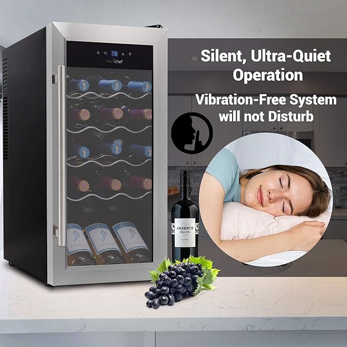 Nutrichef 18 Bottle Slim Wine Fridge | Red and White Wine Chiller | Adjustable Temperature Control 41°F to 64°F | Ultra Quiet Operation | Mini Wine Cooler for Home & Office | 30x13x17 IN