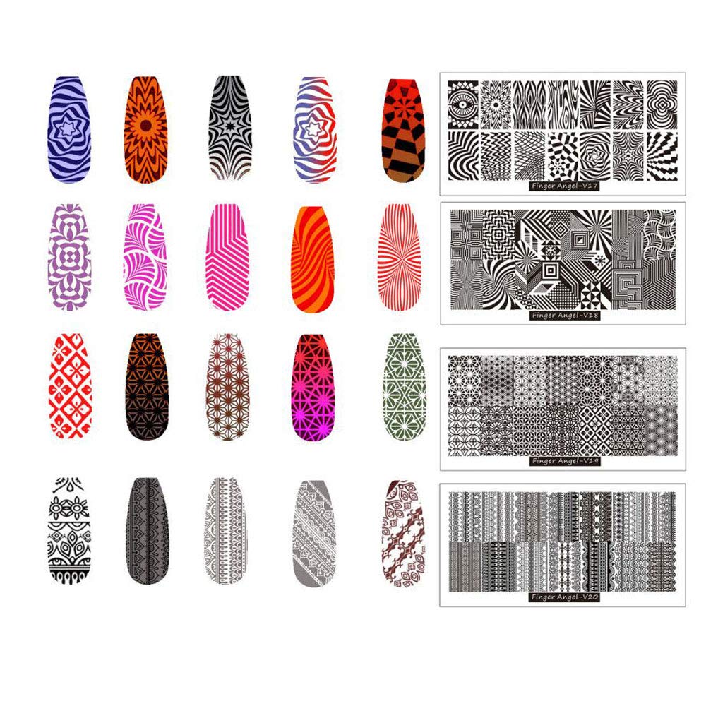FingerAngel 8pcs Nail Stamp Plates + Nail Stamper with Scraper+ 1 Pcs storage bag Nails Art Stamping Plate Scraper Stamper Set L