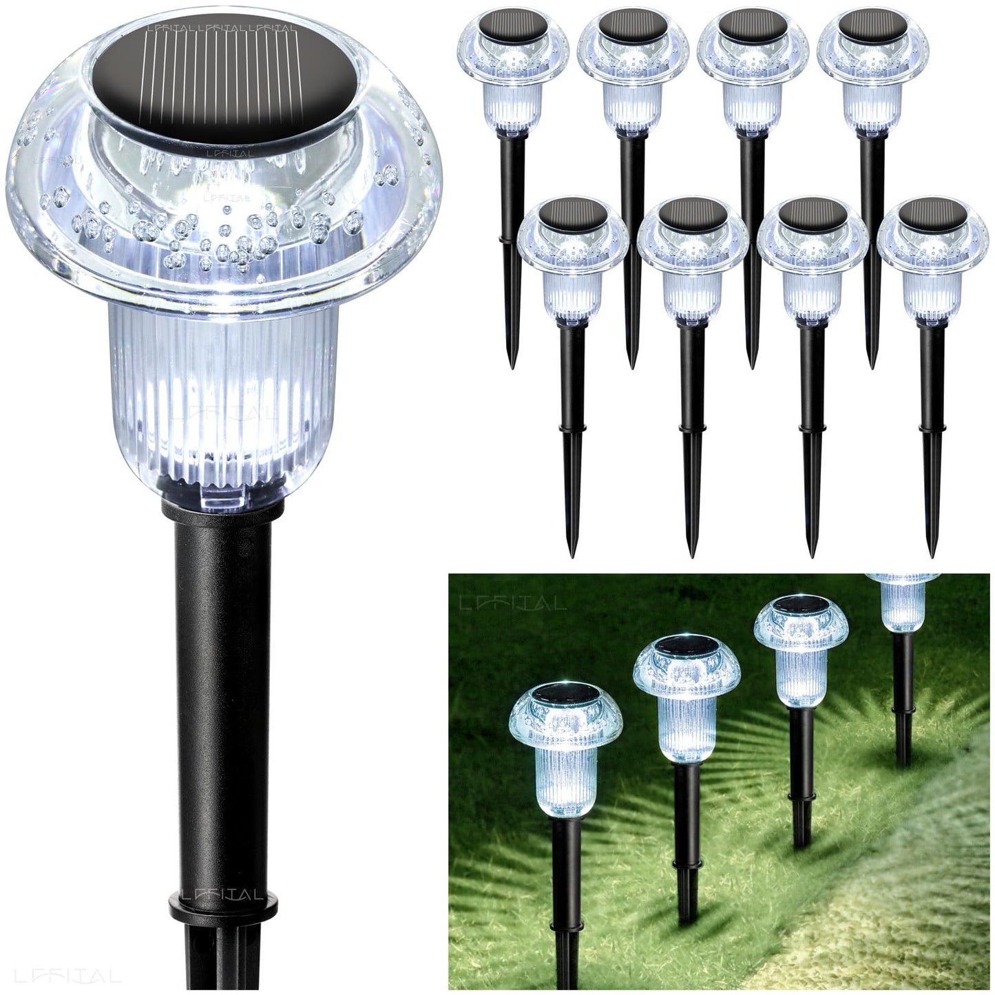 Lffital Solar Pathway Lights - 8 Pack Cold White LED Mushroom Lights, Waterproof Acrylic for Garden, Lawn, Driveway, Backyard - Model LS-01
