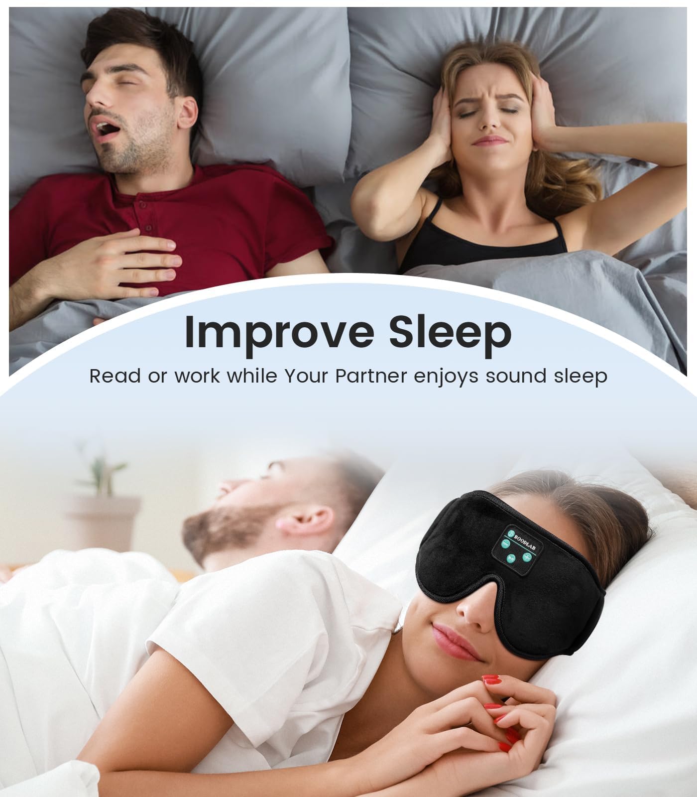 Boodlab Bluetooth Sleep Mask, Sleep Mask with Bluetooth Headphones, Sleeping Headphones for Side Sleepers Travel Yoga, Cool Tech Gadgets Unique Gift for Valentine's Mother's Day Birthday Christmas