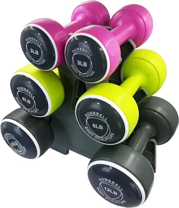 Body Sculpture hand weights set Free‑Weight Dumbbell Set with Rack Set includes 3, 6 and 12 lb weights ideal for men and w...