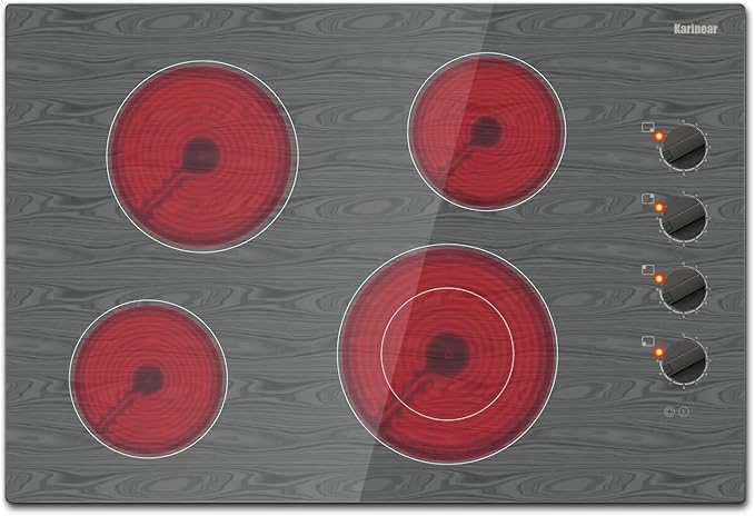 Karinear 30 Inch 4 Burners Electric Cooktop, Knob Control Electric Stove Glass Cooktops with Beautiful Wooden Pattern, 30" Built-in Radiant Ceramic Cooktop,6700W High Power,220-240v Hard Wire(No Plug)