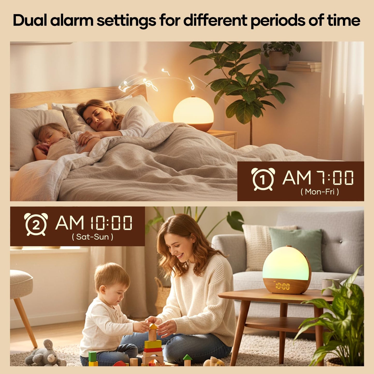Sunrise Alarm Clock, Sound Machine, Wood Grain Dimmable Night Light for Heavy Sleepers, White Noise Machine for Baby, Dual Alarm Function 30 Sleep Sounds, Wake Up Light with 17 Effects