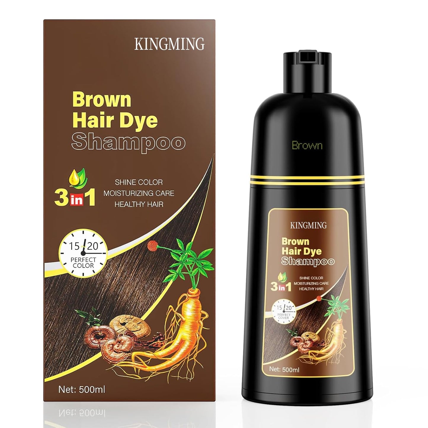 KINGMING Brown Hair Dye Shampoo 3 in 1 for Gray Hair, Hair Color Shampoo for Women Men Grey Hair Coverage, Herbal Ingredients Ch