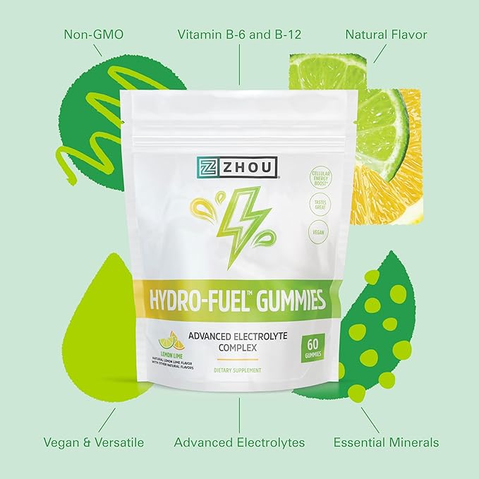 Zhou Hydro-Fuel Gummies - Electrolyte Gummies, Hydration Salt Chews with Sodium, Potassium & Magnesium Chewables, Energy & Endurance for Women & Men - Lemon Lime, 60 Veggie Gummies
