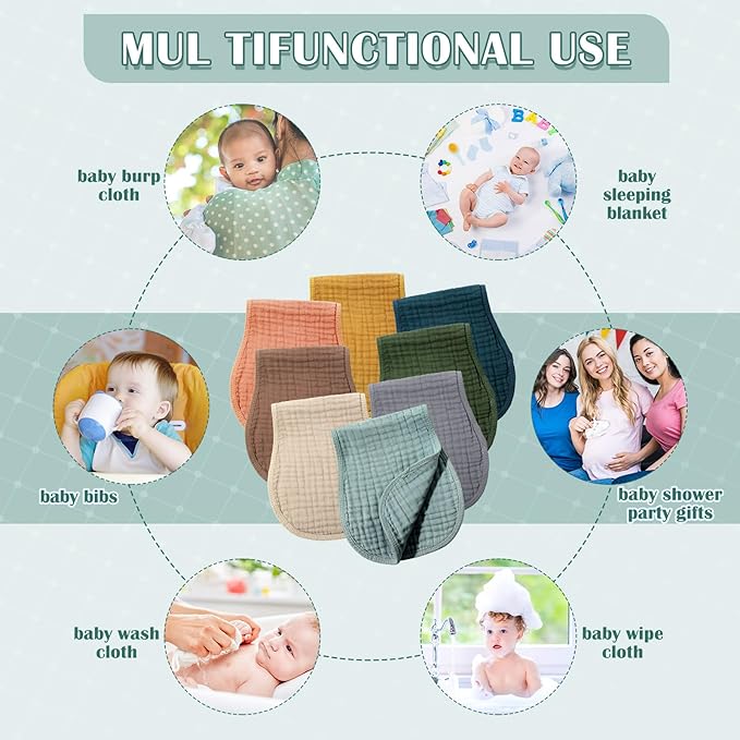 Frienda 8 Pieces Muslin Burp Cloths for Baby Cotton Burp Cloth 10 x 20 Inches Multi Colors Muslin Washcloths Diapers 4 Absorbent Layers Newborn Face Towels for Baby Boy Girl Unisex (Vivid Color)