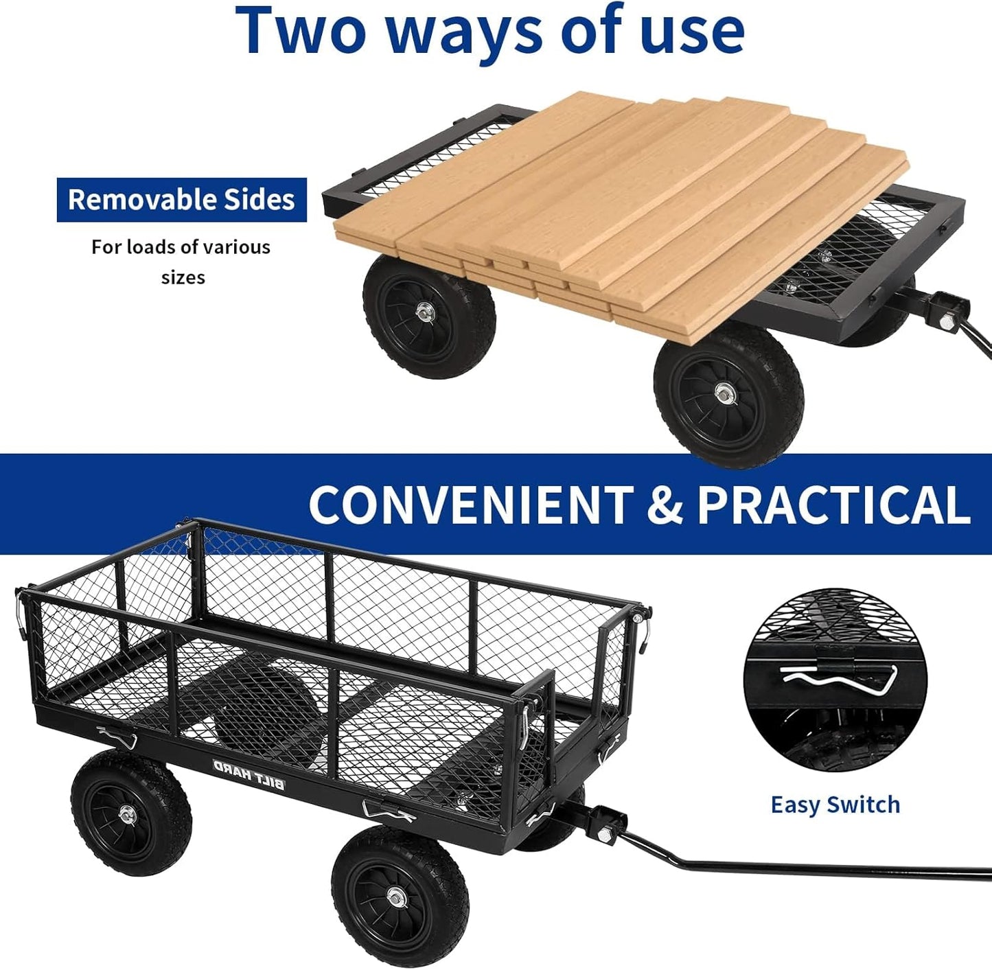 BILT HARD 10" Flat Free Tires Heavy Duty Garden Cart with 180° Rotating Handle and Removable Sides, 4 Cu.Ft 880 lbs Capacity Utility Steel Wagons for Outdoor, Yard