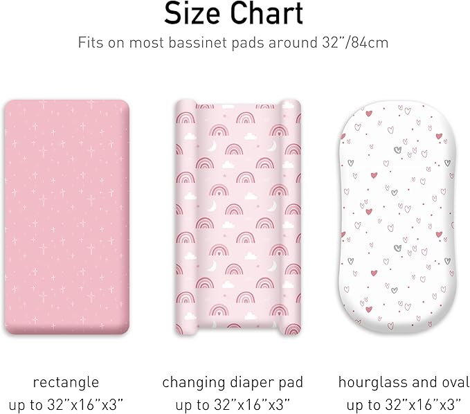 Bassinet Sheets for Baby Girl 32 * 16, 3 Pack Soft Breathable Baby Bassinet Mattress Sheets Fit for Hourglass Oval Cradle, Moses Basket Rectangle Mattress (Rainbow, Pink)