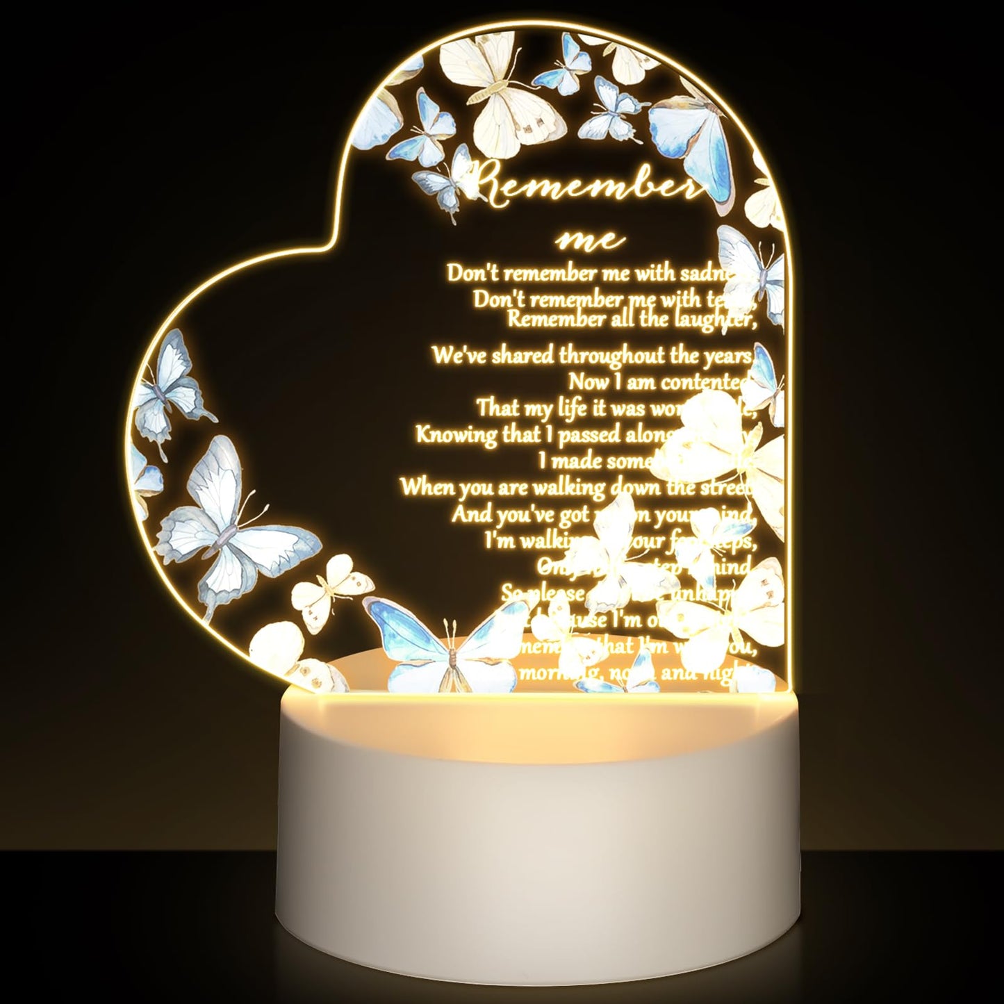 Coume Memorial Gift Night Light Clear Crystal Acrylic Heart Sympathy Gifts Sign Led Light Remembrance Bereavement Decor Condolence Present For Loss Of Loved One (Blue Butterfly Style)