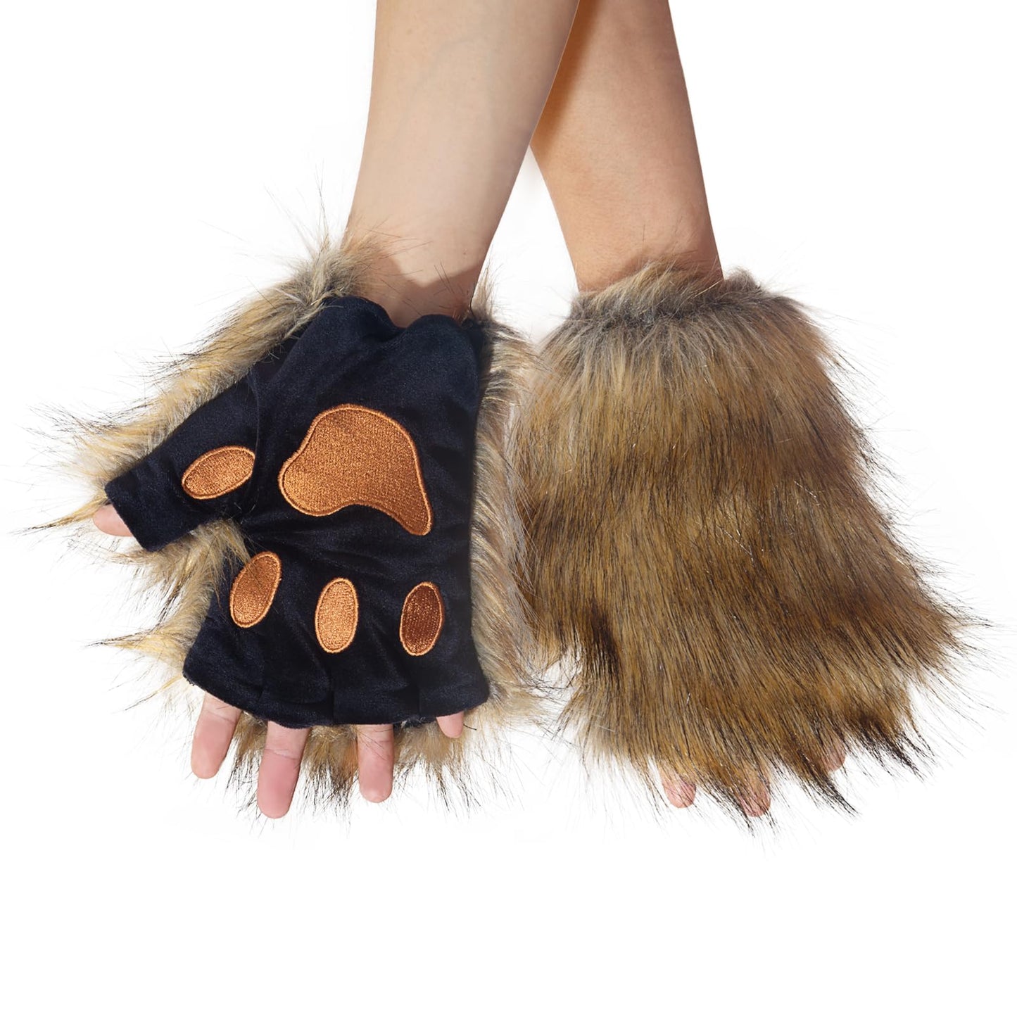 Ravakeny Fingerless Wolf Paw Gloves, Stretchy Furry Faux Fur Paws Animal Fox Cat Paws Gloves Halloween Cosplay Costume for Kids, Party (Brown)