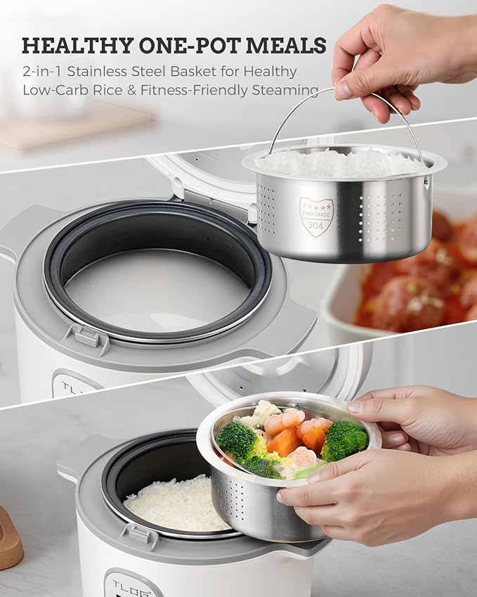 TLOG Low Carb Rice Cooker 2L(9 Cups Cooked), Low Sugar Healthy Rice Maker with 304 Stainless Steel Steamer Basket, 5 Cooking Presets, 24H Timer & Keep Warm Function