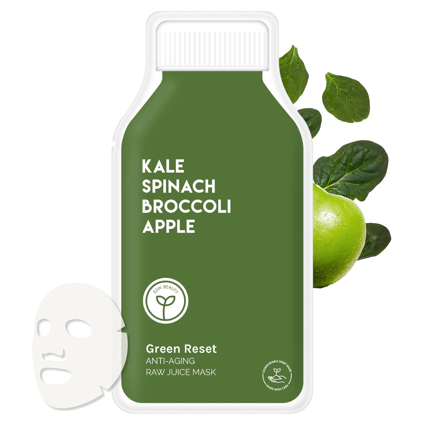 ESW Beauty Green Reset - Anti-Aging Raw Juice Face Mask - Revitalizing with Kale, Spinach, Broccoli & Apple for Mature Skin - Bo