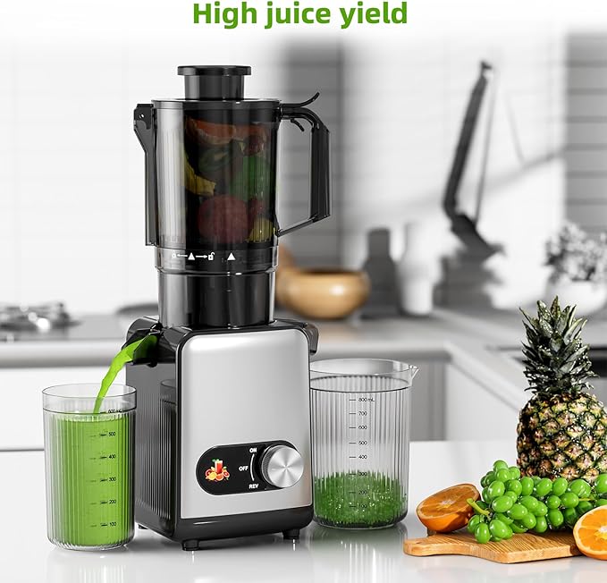 Crzoe Cold Press Juicer with a 4.35 Wide Feed Chute for Whole Fruits and Vegetables, Knob control, Slow Masticating juicer, Easy to Clean Low noise and High juice Yield, Stainless Steel