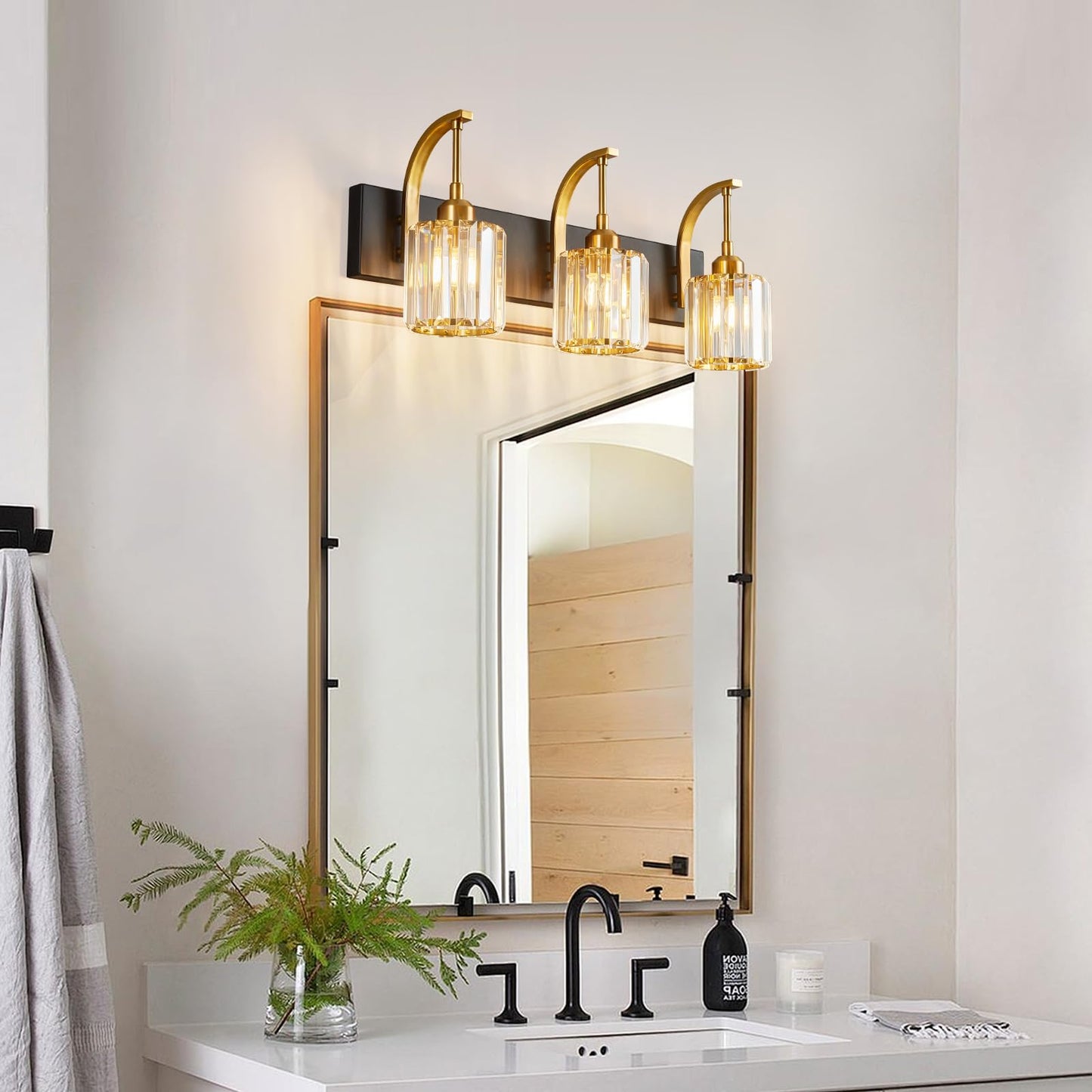 Fdpby 3-Light Crystal Vanity Light  Modern Black Gold Bathroom Wall Sconce With K9 Crystal Shades  23.62 Long Over Mirror Lighting For Vanity  Makeup  Hallway  Elegant & Durable