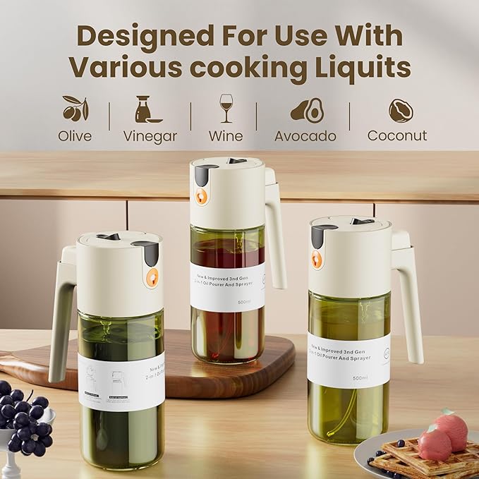Upgrade 2 in 1 Oil Sprayer for Cooking, Olive Oil Dispenser Bottle for Kitchen Gadgets with Stickers, 17oz/500ml Food Grade Light-Blocking Glass Spray Bottle for Salad, Air Fryer, BBQ