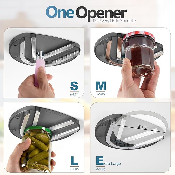 Mount-on Cabinet Jar Opener for Weak Hands,Seniors with Arthritis,Double U Shaped Grooves Grip Bottle Opener for Any Size Lid,304 Stainless Steel One-Handed Can Opener Tool for Home Assistance,Black