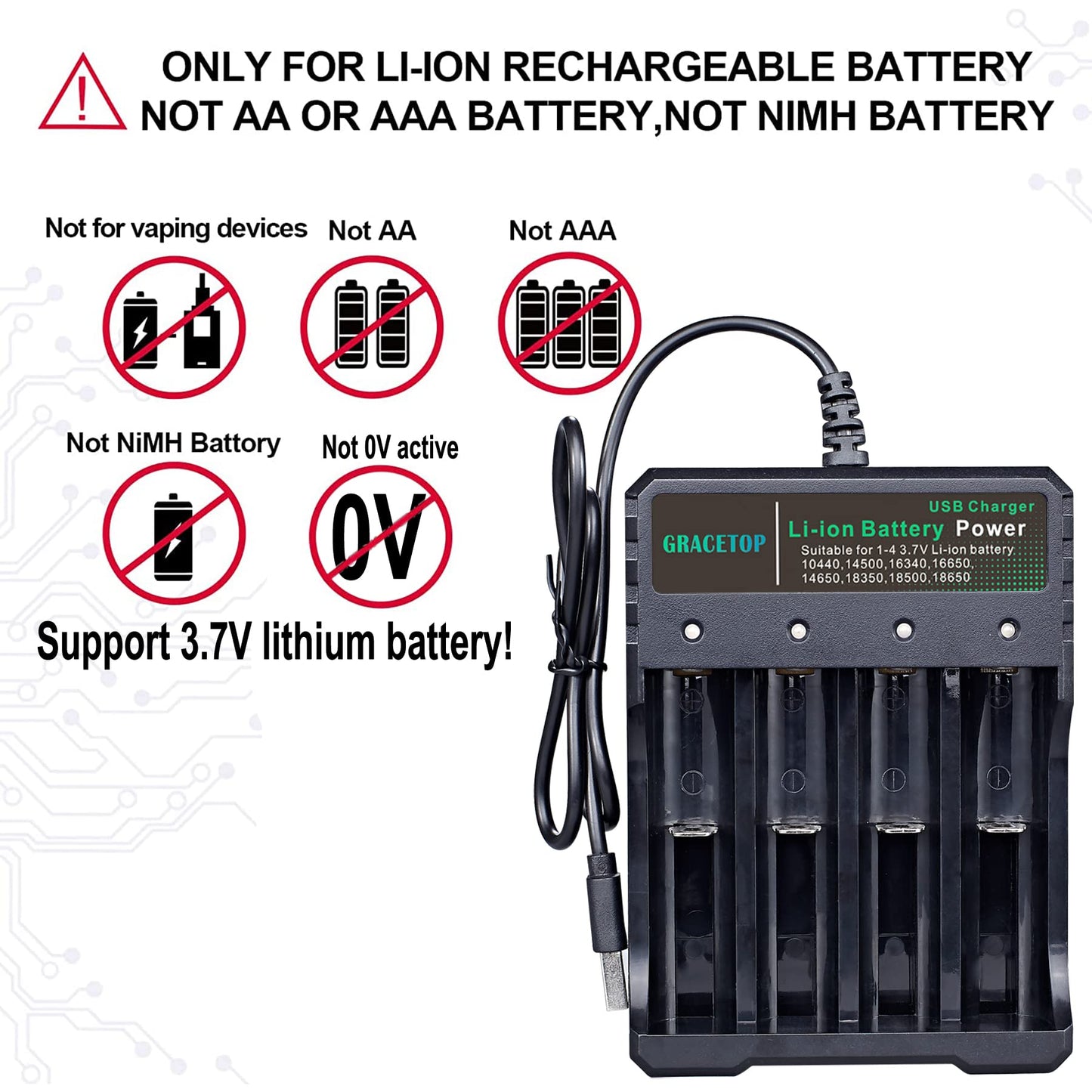 18650 Battery Charger 4-Bay 5V 2A for Rechargeable Batteries 3.7V Li-ion TR IMR 18650 14500 16340(RCR123) Red/Green Display (Not Battery)