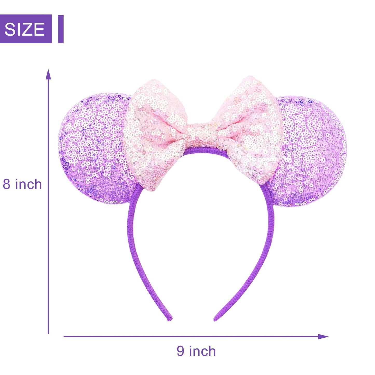 ASHONE Mouse Ears Headbands for Women Groups Mouse Ears Shiny Bows for Birthday Themed Events Accessories Party (Purple1, One Si