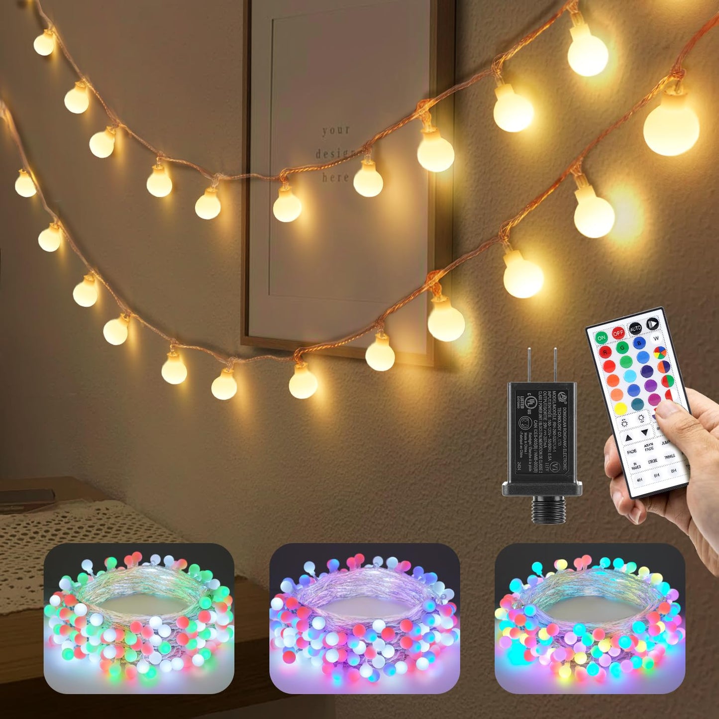OMIKA Color Changing String Lights, 33FT 60 LEDs, Waterproof Globe Lights with Remote, Model MKR-BO-27