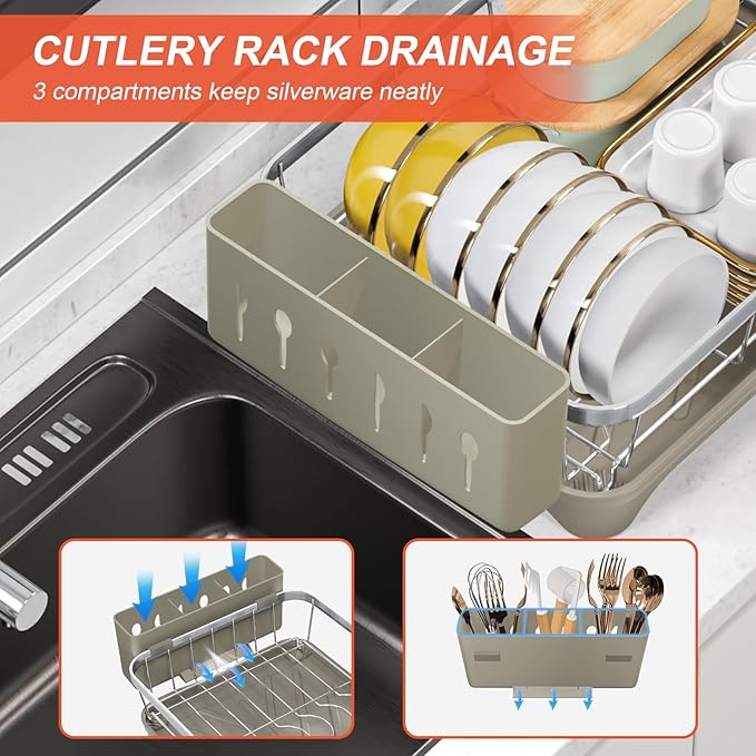 Dish Drying Rack - 304 Stainless Steel Dish Rack with Utensil Holder & Adjustable Spout, Space-Saving Organizer, Large Capacity for Bowls, Dish Drainer with Drainboard, Grey