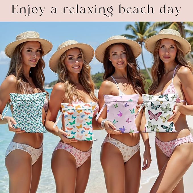 4 Pack Wet Bag for Swimsuit, Beach Travel Essentials Wet Dry Bag, for Sunscreen Toiletry Dirty Clothes Yoga Gym Diaper, Friend Summer Beach Vacation Gifts. Butterfly
