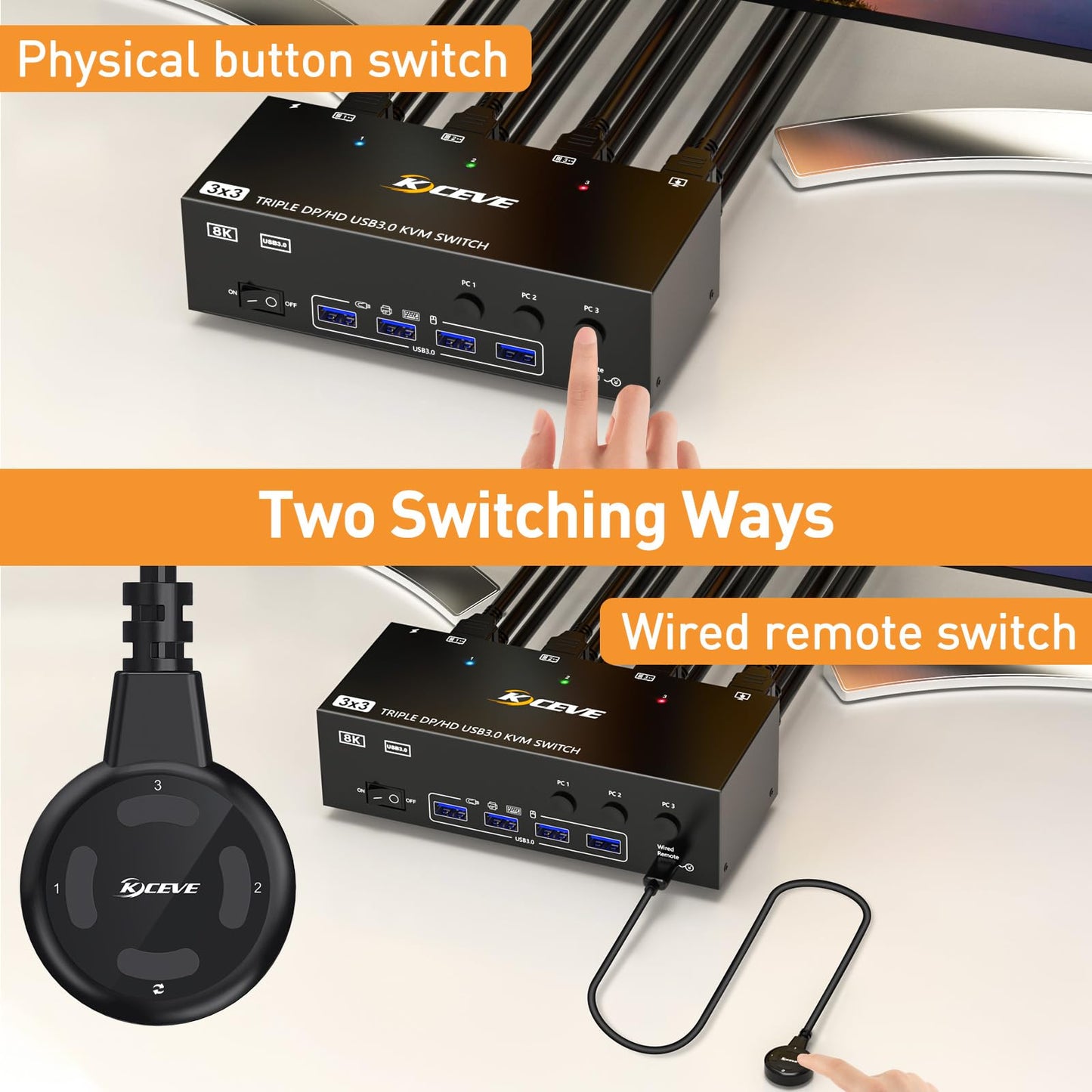 8K KVM Switch 3 Monitors 3 Computers HDMI + DisplayPort, KCEVE USB 3.0 DP KVM Switcher, 8K@30Hz/4k@144Hz Triple Monitor DP KVM for 3 PC Share 3 Display and 4 USB 3.0 Devices