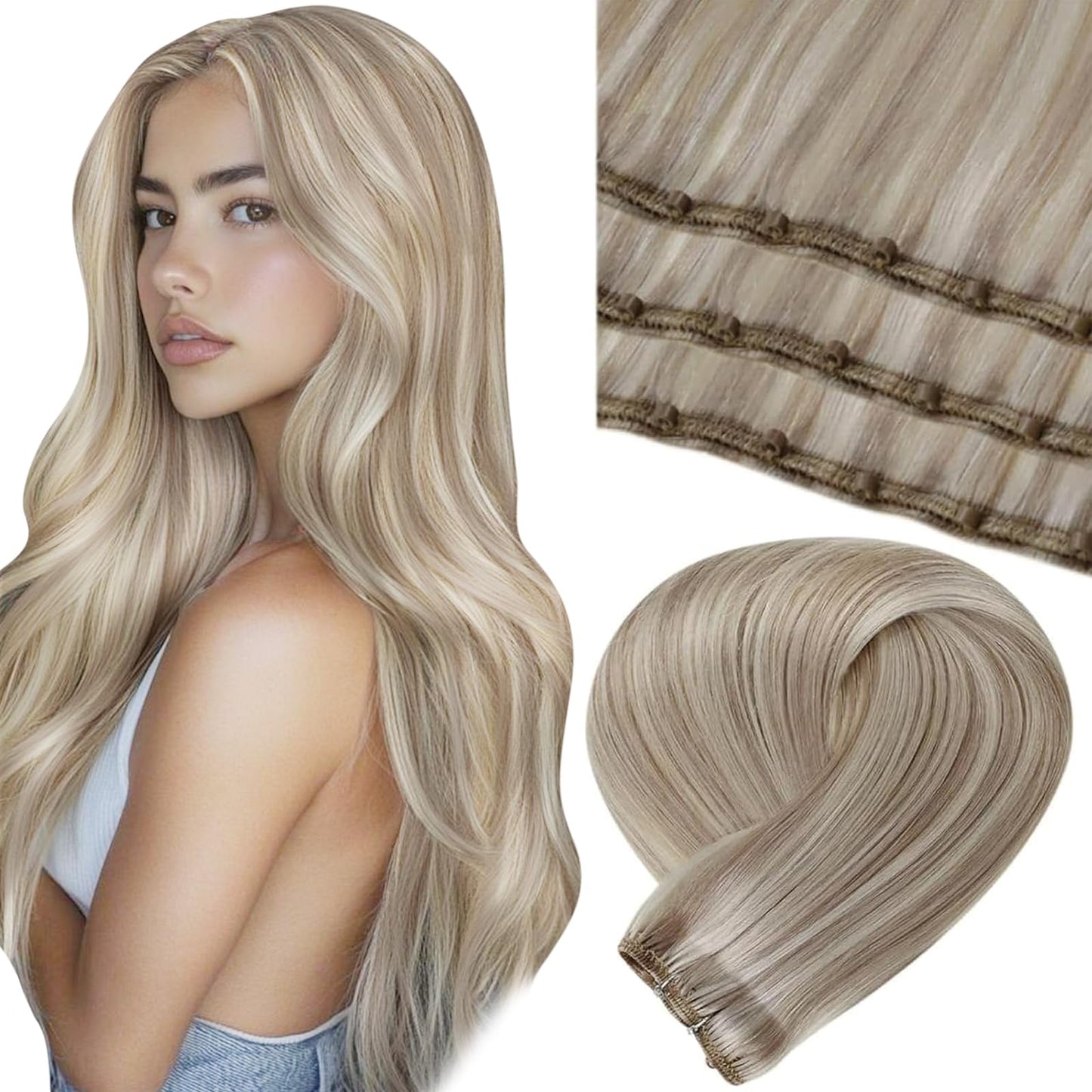 LaaVoo Hair Beaded Weft Hair Extensions Real Human Hair Beaded Weft Hair Extensions Human Hair Blonde Highlighted 20inch 50g