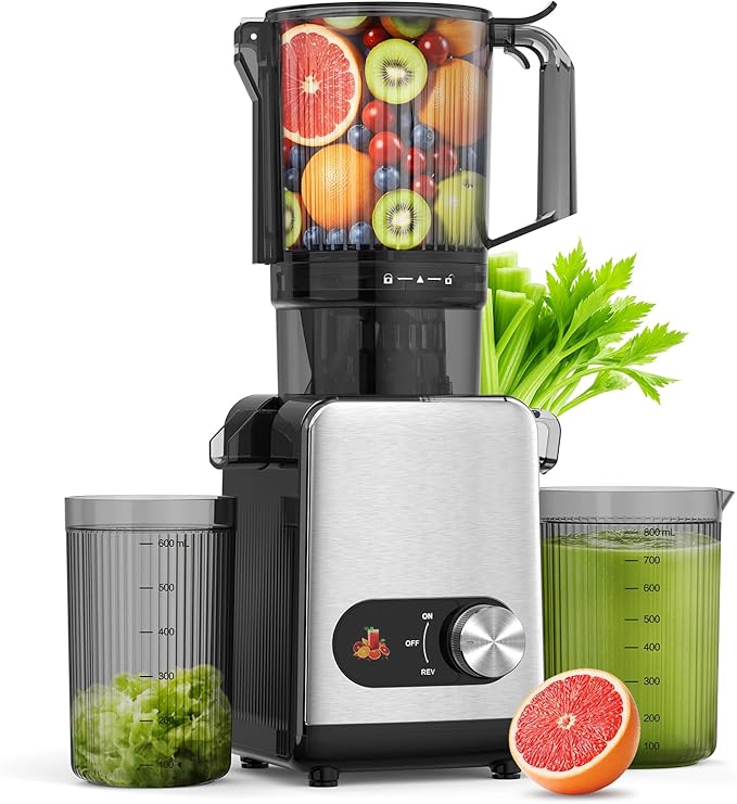 AGLUCKY Cold Press Juicer Machines, 4.35" Large Feed Chute Juice Extractor Self-Feeding Machine, High Juice Yield, Slow Masticating Juicer for Whole Vegetables & Fruits, Stainless Steel & Black