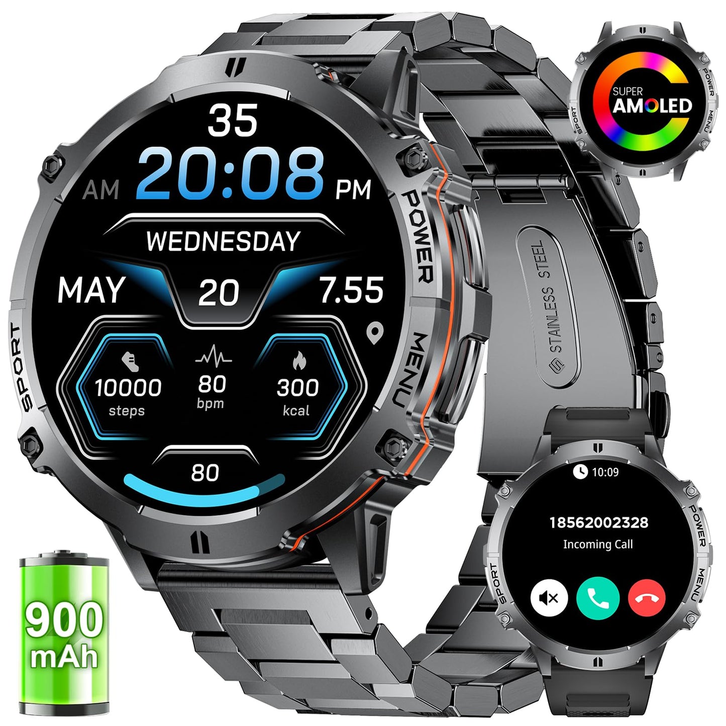 LIGE Smart Watches for Men with 900mAh Battery(60+Standby),1.73" AMOLED with Bluetooth Call,110+ Sports Mode Tactical Fitness Tracker/Heart Rate Sleep Health Monitor/Android iOS Military Smart Watch