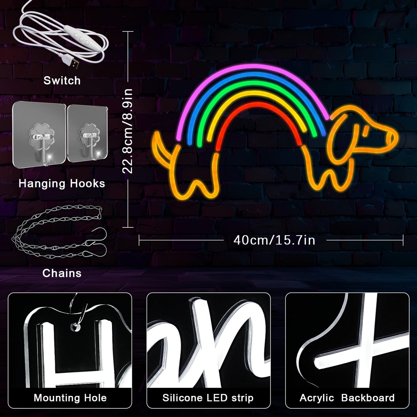 Gyaksjm Rainbow Dachshund Neon Sign For Wall Decor Dimmable Dog Neon Light Cute Puppy Neon Light Sign Rainbow Light Signs For Pet Shop Kid Room Bedroo Dog Lovers Pride Gifts