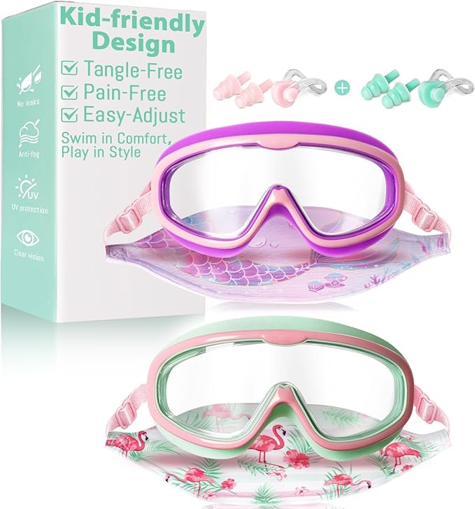 Pixel Panda 2 Pack Kids Swim Goggles with Fabric Strap for 6-14, Anti-Fog Anti-UV No Hair Pulling Wide View Swimming Goggles