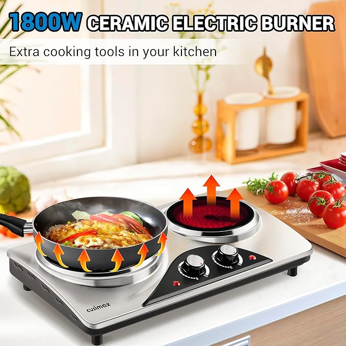 Hot Plate, CUSIMAX Electric Double Burner, Portable Ceramic Infrared Cooktop, Dual Control Cooking Stove, Heat-Up in Seconds, Compatible for All Cookwares, Silver