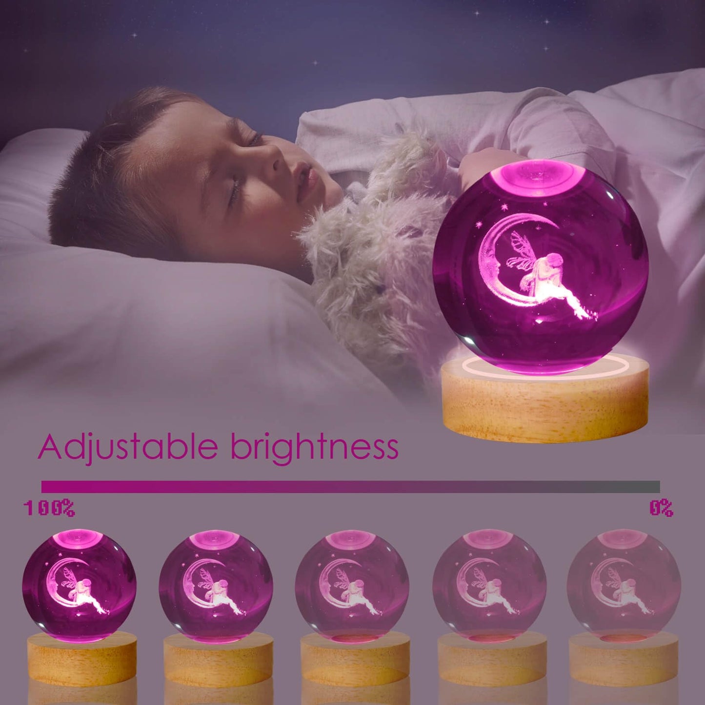 LINSINA 3D Moon Lamp, 3.15in Crystal Ball Night Light, 16 Colors with Wooden Base & Remote Control, Moon-elf Variant
