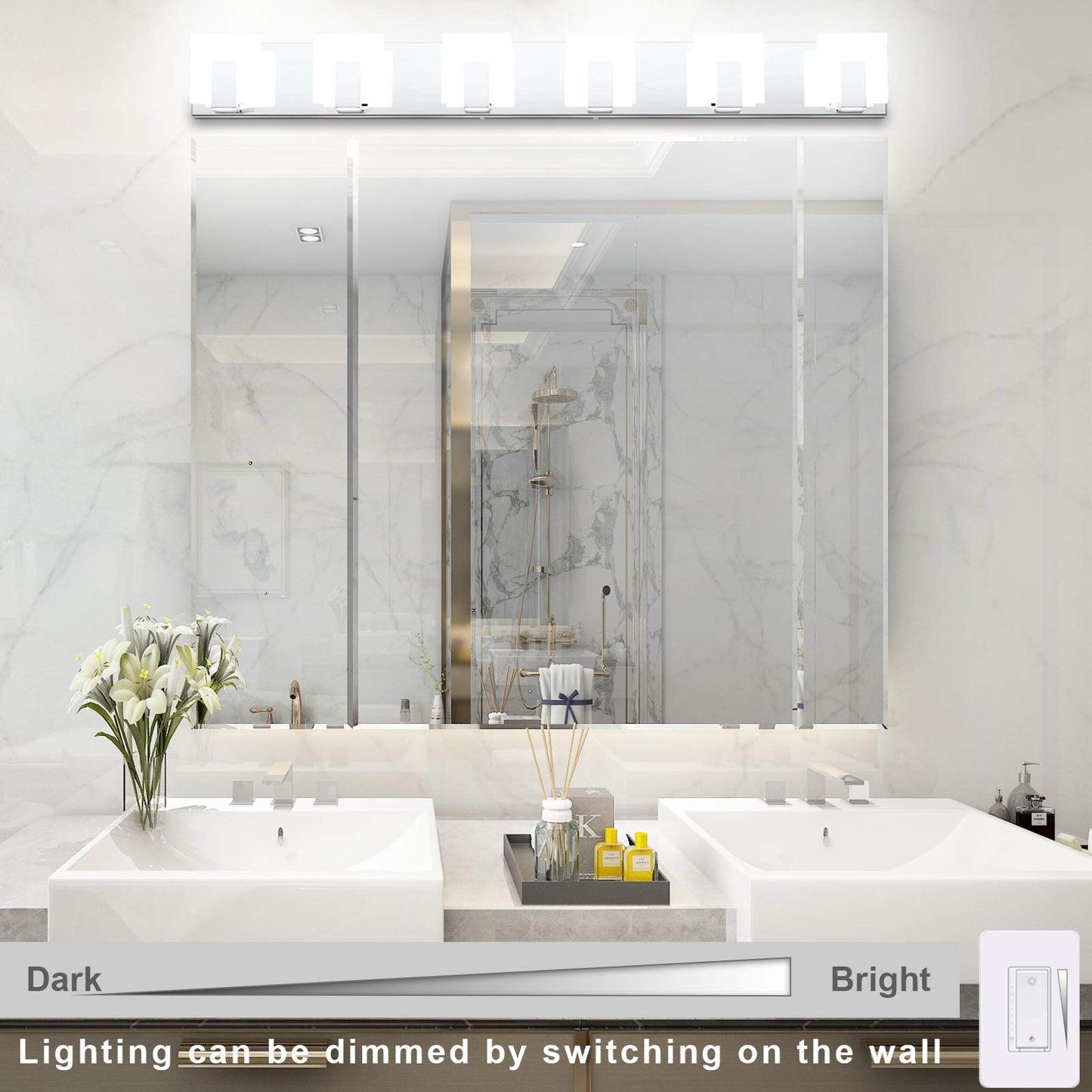 Aipsun 6-Light Dimmable Led Bathroom Vanity Light, Stainless Steel Chrome, Model Ca-1105-6T-D, White Light 6000K