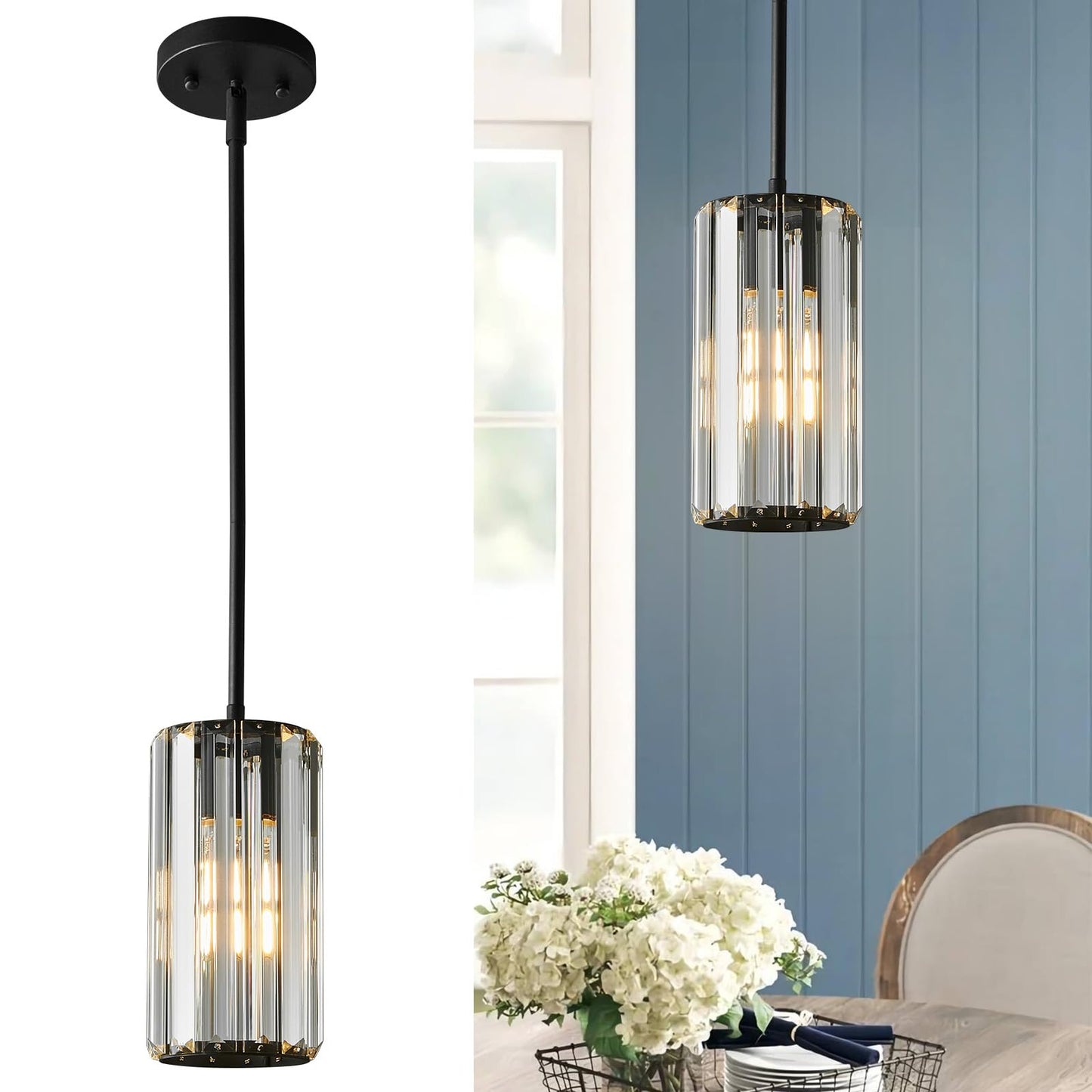 Zhllmq Black Pendant Lighting Modern Pendant Light Mini Crystal Chandeliers Adjustable Pendant Light Fixture For Kitchen Island Dinning Room Corridor Bedroom(Black 1-Light)