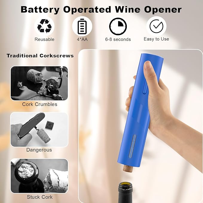 COKUNST Electric Wine Opener, Battery Operated Corkscrew with Wine Bottle Cutter for Wine Lovers, Blue