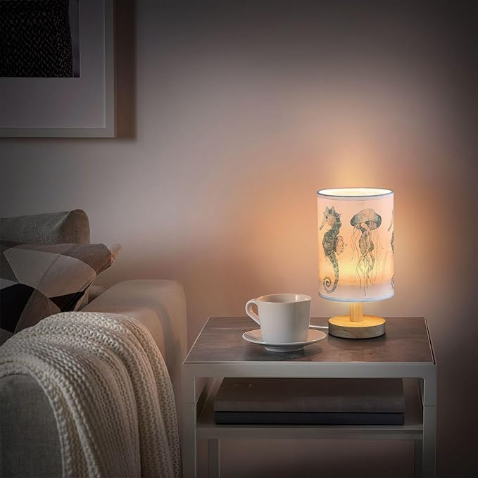 Table Lamp Watercolor Ocean Fish Jellyfish Whale Seahorse Blue Sea Life Animal Nightstand Lamp with Wood Base Fabric Lamp Shade Bedside Desk Lamp for Living Room Bedroom Kids Room Office