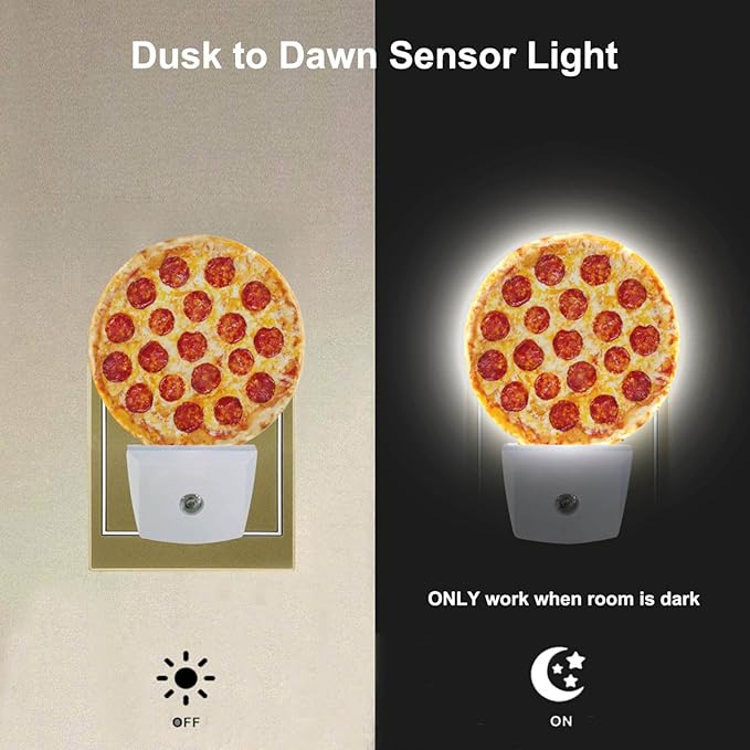 EKOBLA Pizza Plug-in Nightlights Sausage Pizza Cheese Food Pattern Night Lights Plug into Wall Auto Sensor LED for Teens Room Fun Novelty Gift