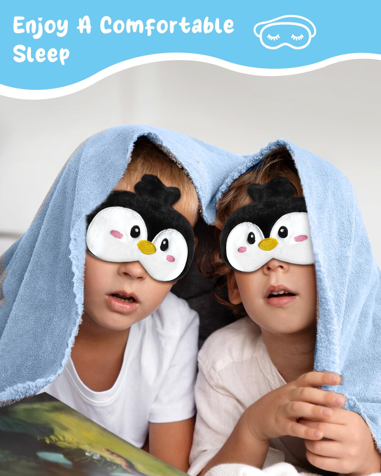 Miss Adola Sleep Mask for Kids - Valentines Gift for Kids Cute Plush Fuffy Sleeping Eye Cover Kawaii Soft Eyeshade Animal Eye Blindfold for Girls Boys Teens with Adjustable Strap, Penguin