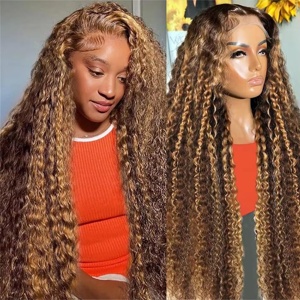 KFgood Ombre Lace Front Wig Human Hair 32inch Highlight 13x4 HD Deep Wave Wig Human Hair 200% Density 4/27 Colored Honey Blonde