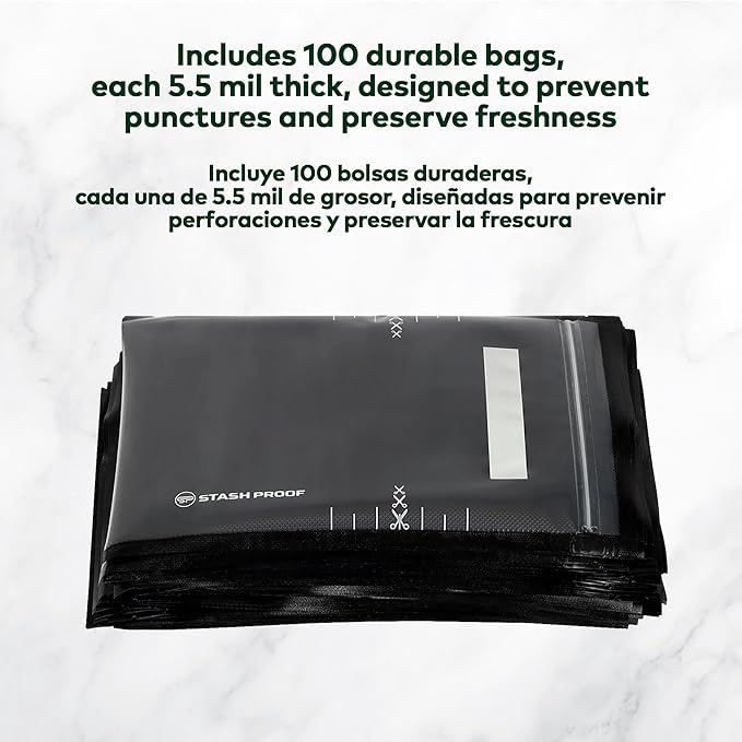 Stash Proof Resealable Zipper Vacuum Seal Bags 8" x 12" (100 Count) 5.5 Mil (Black and Clear) - BPA Free Commerical Grade Food Saver for Storage, Sous Vide, and Meal Prep Sealer Bag