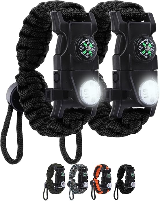 Adjustable Survival Paracord Bracelet, 2 Pack Emergency Fire Starter Kit with Loud Whistle Compass Light Flint Steel for Hiking Fishing Hunting, Tactical Gear Equipment Multitools