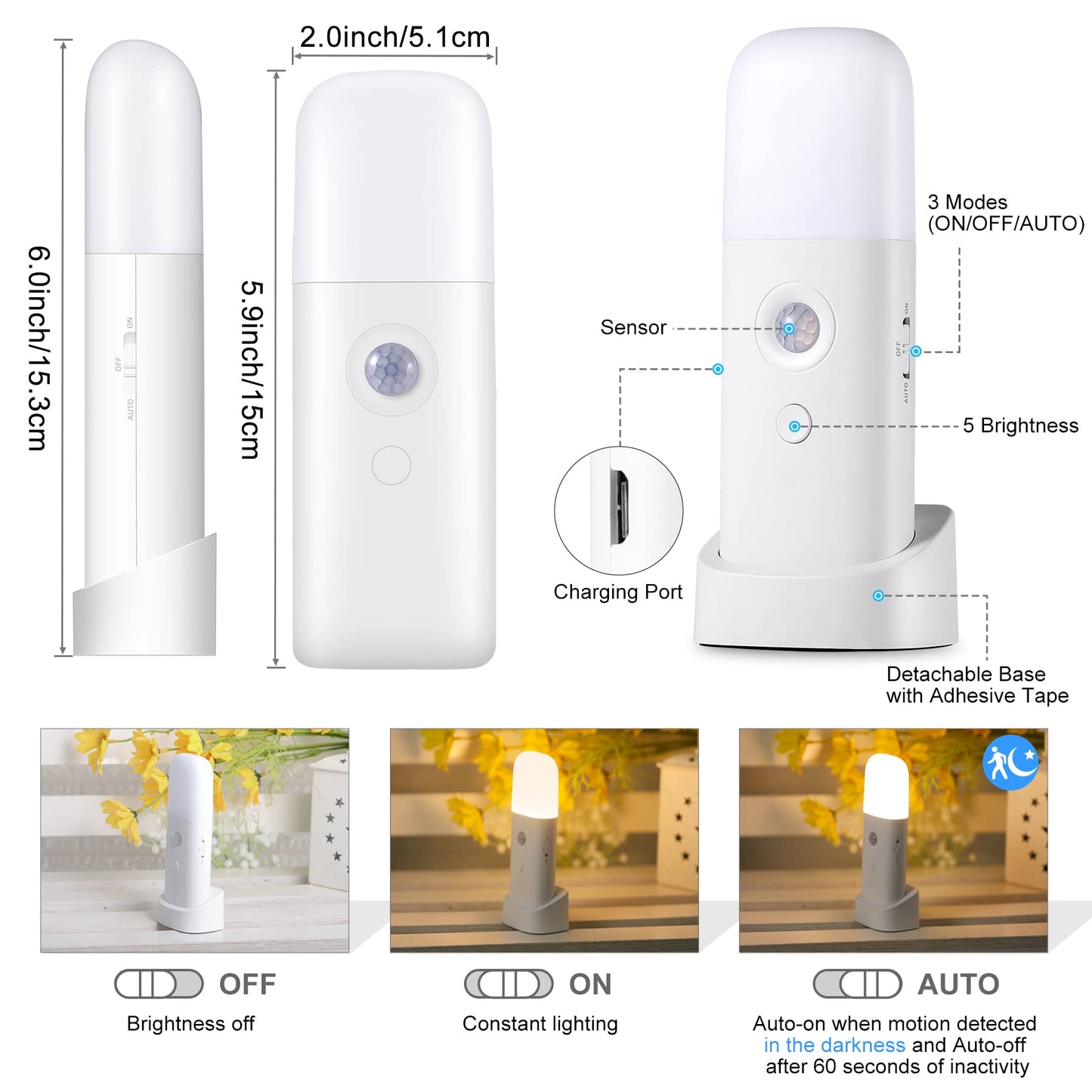 YELKO Motion Sensor Night Lights, Rechargeable Dimmable Table Lamp, 4 Pack, Warm White, Model YK0304Y