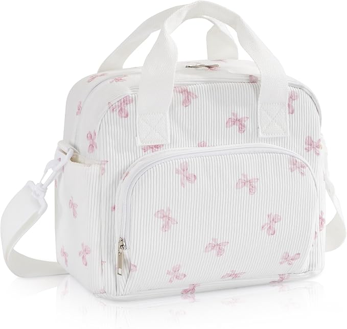 Large Lunch Bag for Women Insulated Lunch Box Reusable Cooler Bag Portable Cute Corduroy Leakproof Tote Bags for Travel, Work, and Picnic, Pink Bow