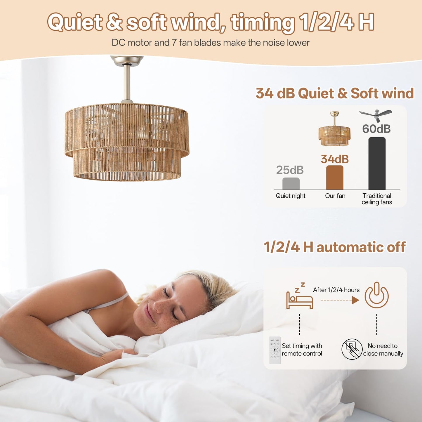 Glmthux 20in Boho Fandelier Ceiling Fan with Light, Rattan, Remote Control, 6 Speeds, Yellow