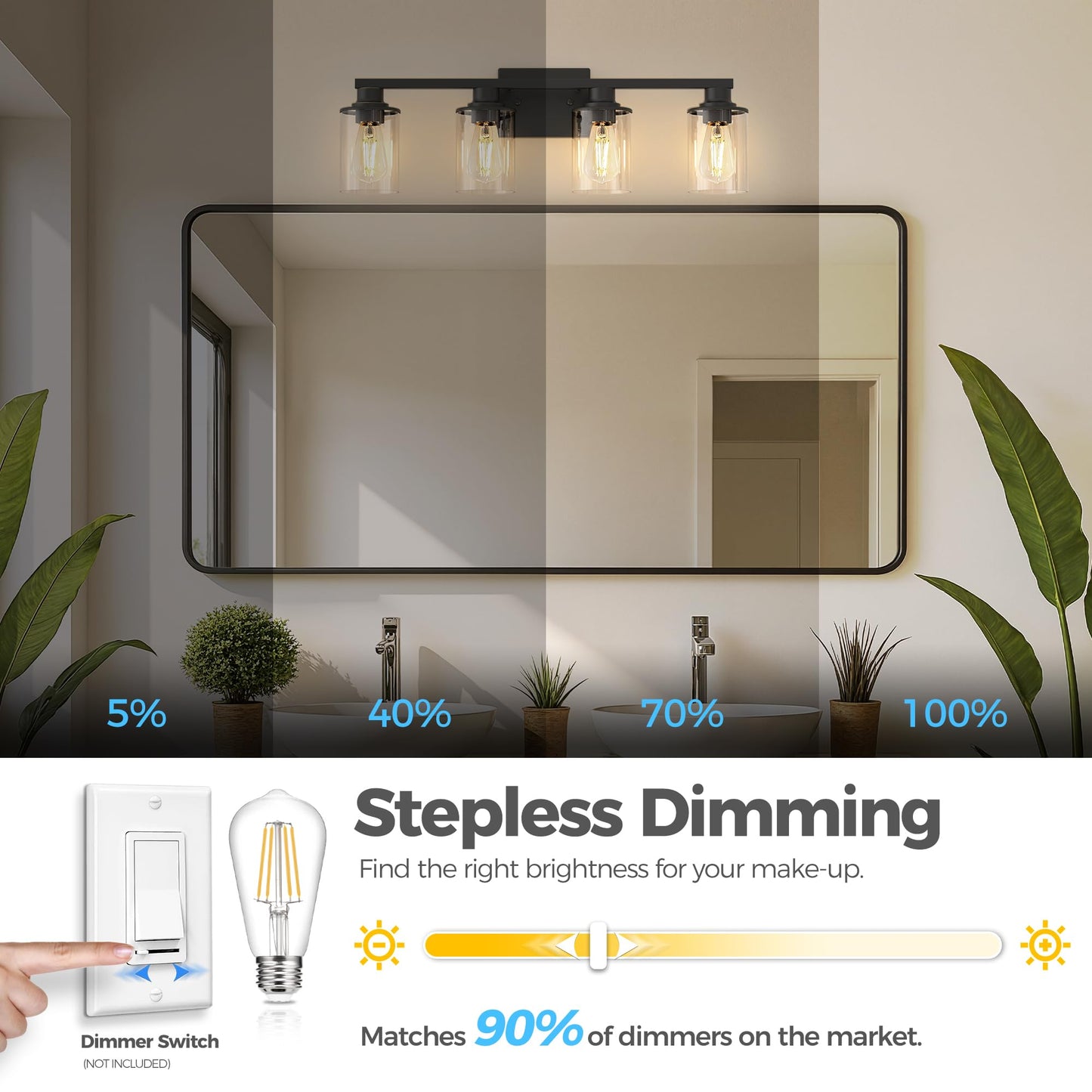 Doresshop Bathroom Light Fixtures  4-Light Black Bathroom Lighting Fixtures Over Mirror With Glass Shade  Modern Vanity Lights For Hallway Bedroom  Includes Bulbs