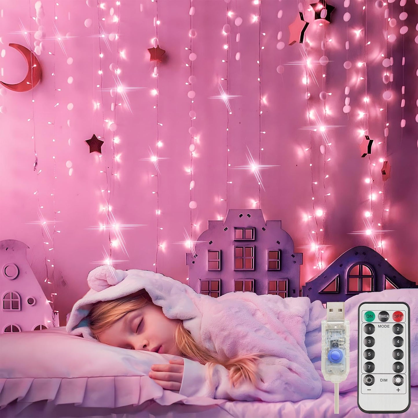 suddus Curtain Lights 200 LED Waterproof Fairy String Lights for Bedroom, Wedding, Party - Pink