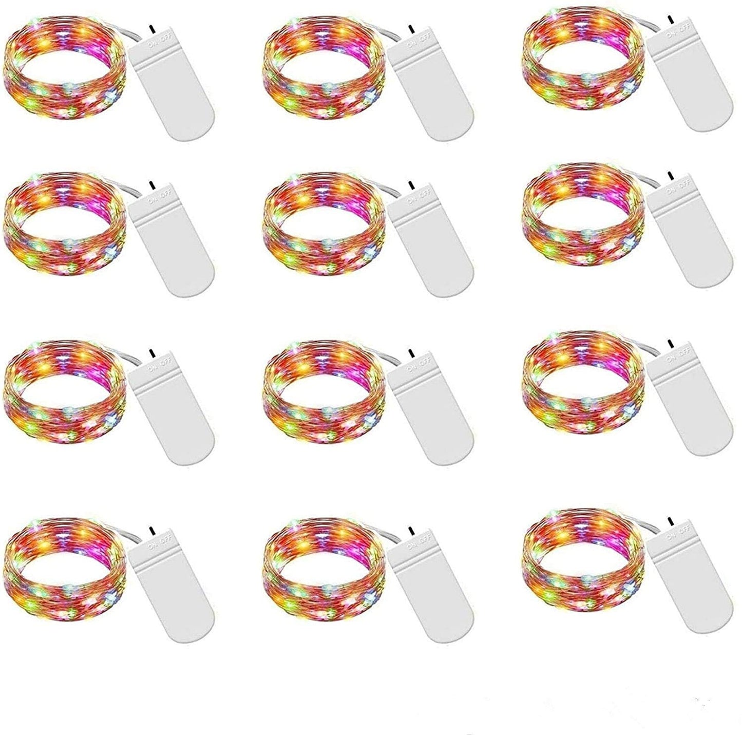 VOOKRY Mini Fairy Lights, 12 Pack, 30 LEDs, 10 ft, Battery Operated, Multicolor Copper Wire, Model PTUX-CR2032